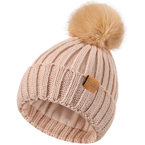 Womens Winter Beanie Hat Fleece Lined Warm Skull Cap with Faux Fur Pom Cuff Knitted Hat for Women - color: Beige