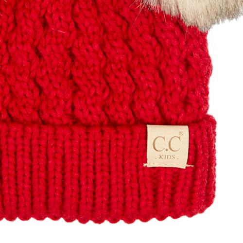 C.C Kids' Cable Knit Double Pom Beanie for Kids - Comfortable Soft Warm Children Skully Hat with Pom - color: Natural Faux Fur Pom Red