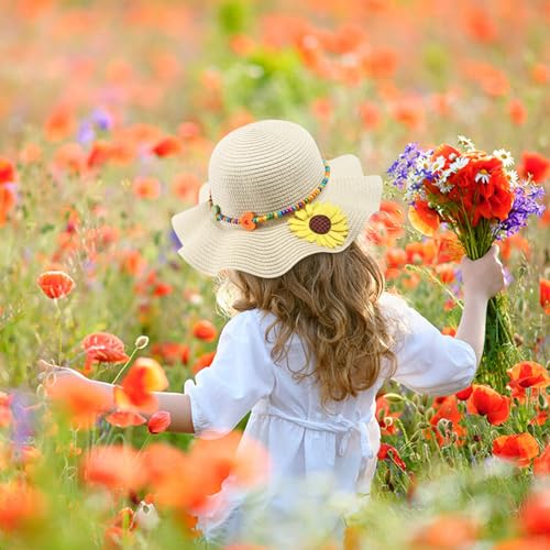 Girls Straw Hat with Flower Round Sunglasses, Summer Foldable Large Brim Sunflower Bowknot Beach Toddler Straw Sun Hat, 2-6T - color: Beige