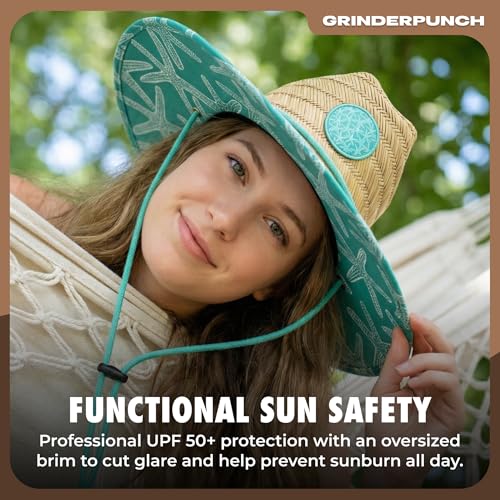 grinderPUNCH Straw Sun Hat for Men Women Wide Brim Beach Fishing UPF 50 - color: Teal Starfish