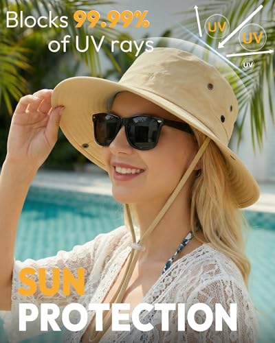 Women Sun Hat with Ponytail Hole Wide Brim Bucket Sun Protection for Summer - color: Khaki