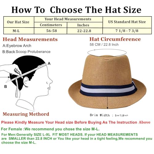 2 Pack Straw Fedora Hats for Men and Women, Short Brim Summer Beach hat, Trilby Panama Sun Hats. - color: Beige/Khaki With Strip Band, size: Medium-Large