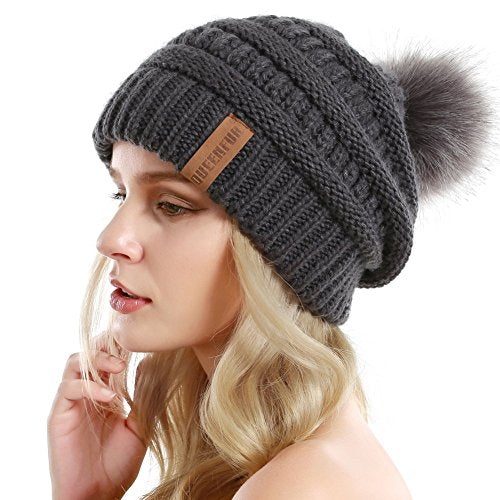 Women Knit Slouchy Beanie Chunky Baggy Hat with Faux Fur Pompom Winter Soft Warm Ski Cap - color: Dark Grey
