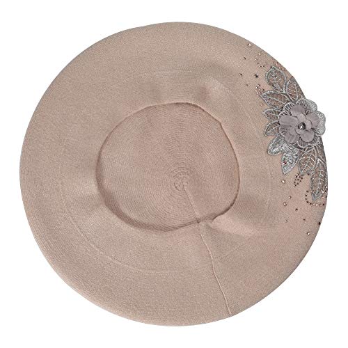 ZLYC Women French Beret Hat Reversible Solid Color Mosaic Warm Artist Cap - color: Flower Beige