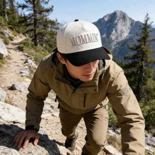 Women’s Mommin Trucker Hat – Vintage Two-Tone Ponytail Baseball Cap, Embroidered Adjustable Hat, Great Gift for Mom & Women - color: White
