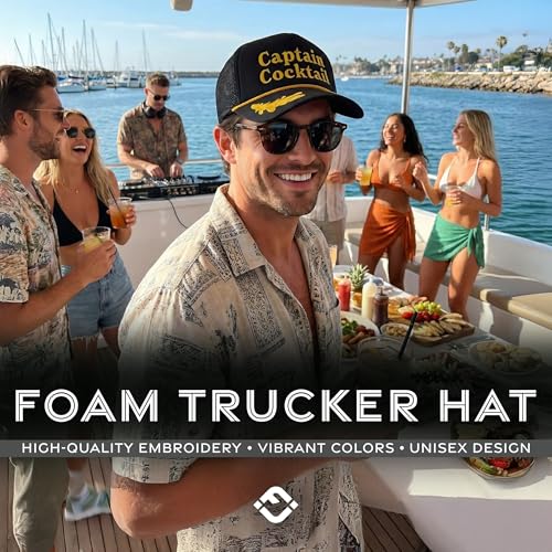 Funky Junque Premium Mesh Snapback Trucker Hat - Stylish Comfort for All - Patriotic, Humor & More - color: Cocktail Captain - Black/Nautical