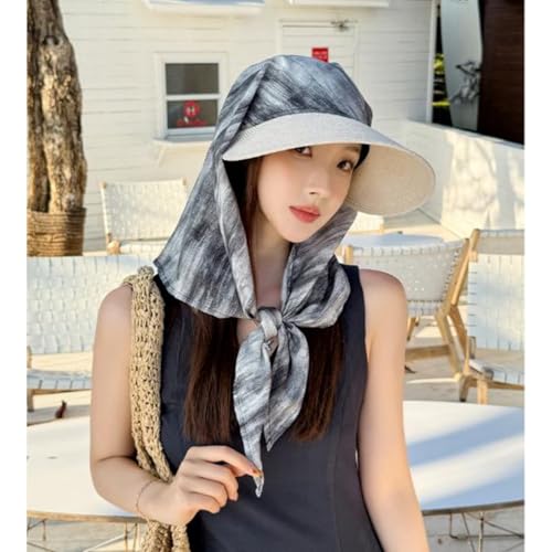Sun Hats for Women Sun Protection Wide Brim Shawl with Neck Flap Hiking Visor Hat Outdoor UV Summer Beach hat - color: Black-gray