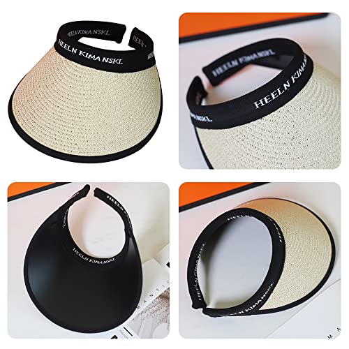 Women Straw Sun Visor Hat, Summer Wide Brim UV Protection Beach Cap Adjustable Sun Hat for Outdoor - color: Off-white