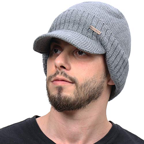 Winter Beanie w/Visor & Earflaps for Men Outdoor Fleece Hat Scarf Set - color: Beanie Gray