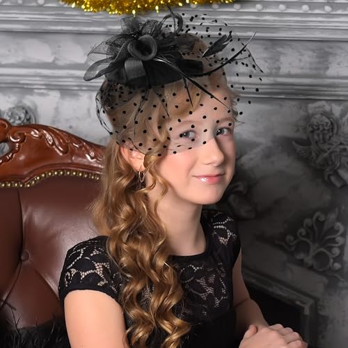 Zinniday Feather Fascinator Hats for Girls - Black Derby 2026 Fascinators with Hair Clip, Kentucky 1920s 50s Rose Mesh Victoria Tea Party Hat for Lady Women Church Wedding Attire Fancy Dress Up - color: Black