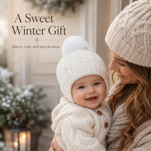 Toddler Baby Winter Hat with Earflap Kids Warm Twisted Knit Hat Infant Pom Pom Beanie Ski Cap for Baby Girls Boys - color: Beige, size: 6-24 Months
