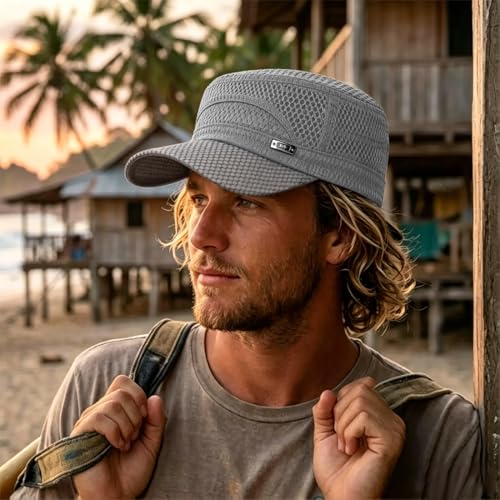 Mesh Flat Top Cadet Cap for Men Adjustable - color: Light Grey