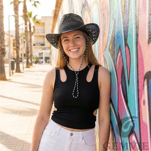 GEMVIE Men & Women's Summer Cowboy Cowgirl Straw Hat Hollow Out Style Roll Up Brim Cowboy Sun Hat - color: Black