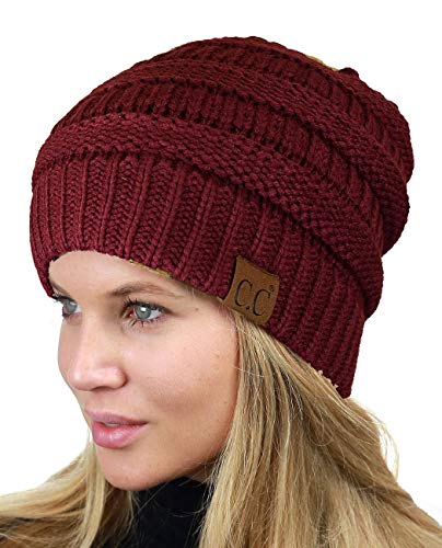 C.C Unisex Chunky Soft Stretch Cable Knit Warm Fuzzy Lined Skully Beanie - color: Maroon