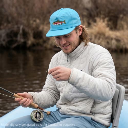 BASSDASH Embroidered Soft Top Flat Brim Duck Hat Snapback Cap for Hunting, Fishing, and Outdoor Activities - color: Sky Blue/Rainbow Trout