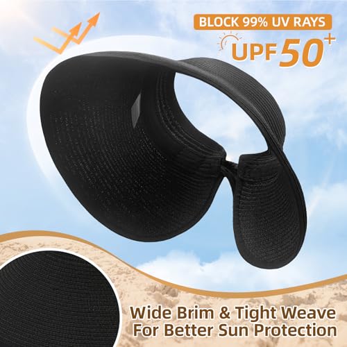 Sun Hats for Women Wide Brim Straw Sun Visors Ponytail Hat - color: Black