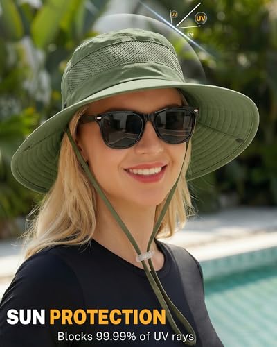 Women's Sun Hat Sun Protection Wide Brim Bucket with Ponytail Hole Summer - color: Green