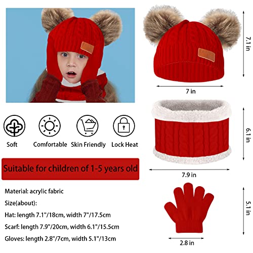 Kids Winter Beanie Hat Scarf Gloves Set,Toddlers Knit Winter Warm Double Pompom Cap Scarf Gloves for Girls Boys 1-5 Years Old - color: Red