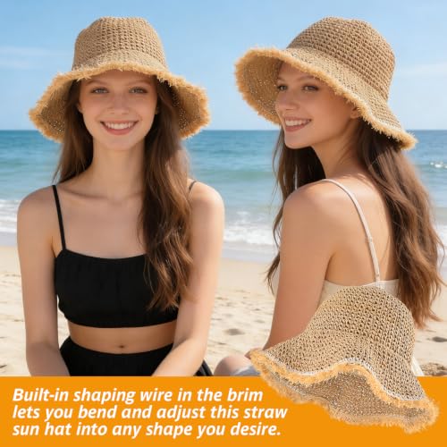 Women's Straw Bucket Sun Hat, Packable Floppy Wide Brim Beach Hat - color: Khaki