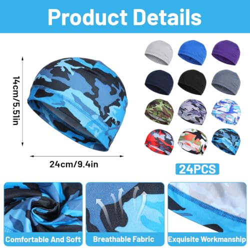 24pcs Cooling Skull Cap Bulk Cycling Skull Cap Bulk Helmet Liner Sweat Wicking Lightweight Running Hat for Men Women 12 Colors Polyester 9.5x5.5 Inches