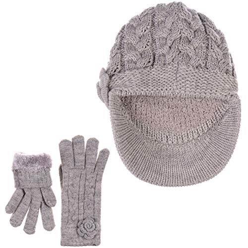Womens Winter Elegant Cable Flower Knitted Newsboy Cabbie Cap Beret Beanie Hat with Visor, Warm Plush Fleece Lined - color: Dk.beige Cable Flower-hat Gloves Set # 2