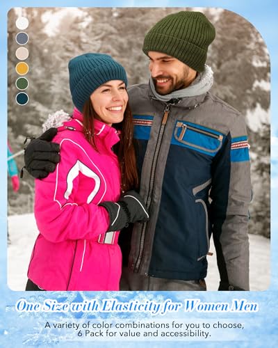 Suhine 6 Pcs Fleece Lined Beanie Hats Bulk Men Women Warm Knitted Cuffed Beanie Thick Knit Skull Cap for Cold Weather - color: Warm Color