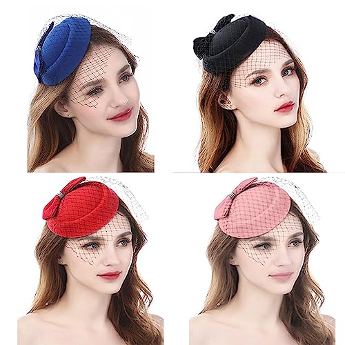 Fascinators Hats Pillbox Hat for Girl and Women - color: Blue-fascinator With Bowknot Veil