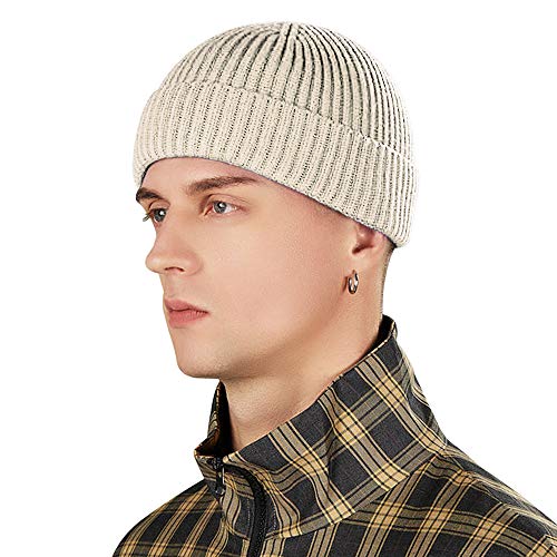 vidsel Wool Knit Cuff Short Fisherman Beanie for Men Women, Winter Warm Hat - color: Beige