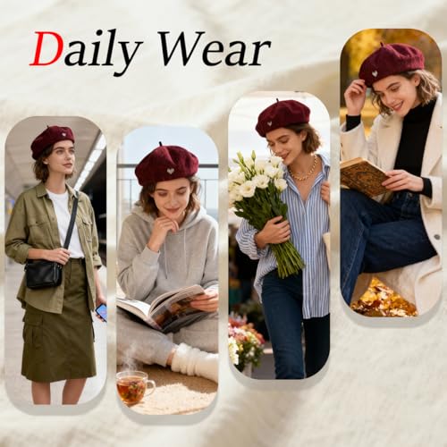 Women's Chenille Beret - Soft & Warm French Hat with Metal Heart Accent for Fall/Winter. - color: Wine Red