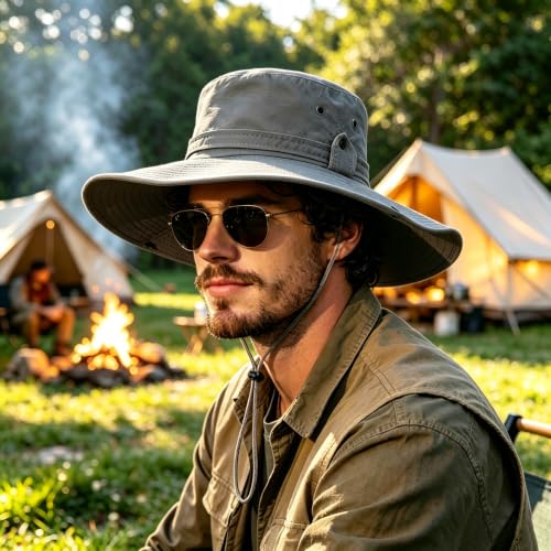 Sun Fishing Hat for Men UPF 50+ Wide Brim Boonie Hats for Summer - color: Light Gray