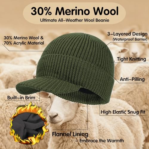 BEARAE XL-XXL Winter Beanie with Brim, Fleece Lined Knit Beanie Hat for Men, Waterproof Winter Hat Ski Cap for Cold Weather - color: Army Green