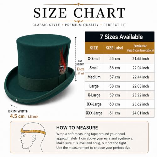 Wool Top Hat for Men Women Topper Hat Mens Tall Tophat Christmas Costume - color: Green, size: X-Small