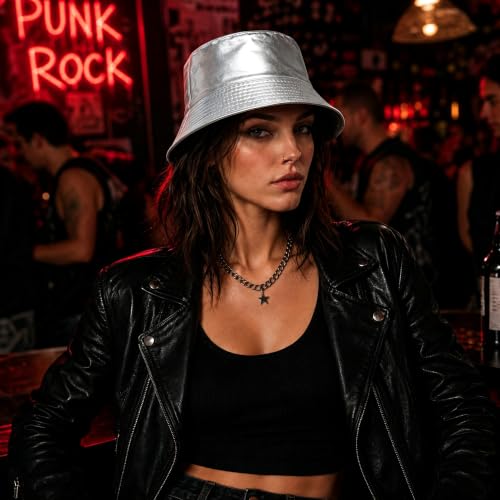 Unisex Black Bucket Hat Waterproof Rain Hat Reversible Shiny Rave Bucket Hat for Concert Festival - color: A3:silver
