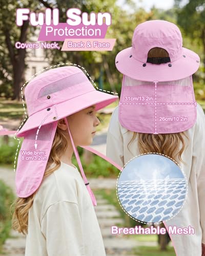 Century Star Kids Sun Hat with Ponytail Hole & Detachable Neck Flap UPF50+ Quick Dry Girls Bucket Hat for Outdoor Beach - color: Light Purple
