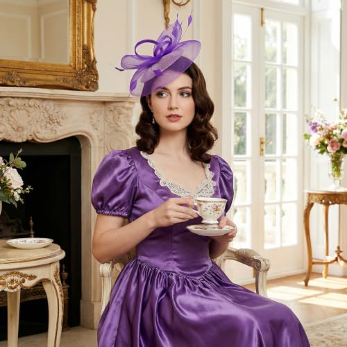 tiggell Fascinators Tea Party Hat for Women, Fascinator with Pillbox Hat - color: Purple