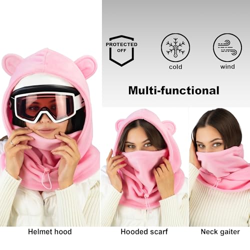 Fleece Balaclava Over Helmet - Warm Helmet Ninja Hood - Snowboard Hooded Hat Neck Gaiter Ski Mask - color: Pink-earsup, size: One Size