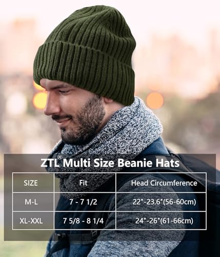 ZTL M/L/XL/XXL Merino Wool Beanie for Men Women, Fleece Lined Large Winter Hat, Big Knitted Cuffed Beanie Ski Skull Cap - color: Army Green, size: Medium-Large