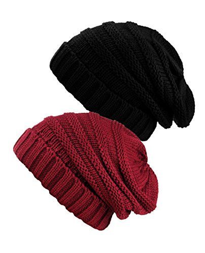 NYFASHION101 Oversized Baggy Slouchy Thick Winter Beanie Hat - color: Black & Burgundy