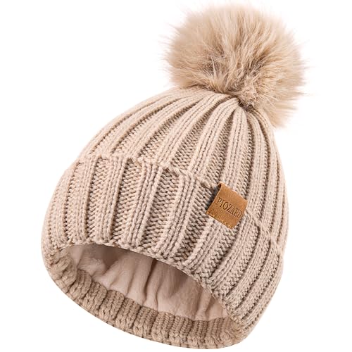 Womens Winter Beanie Hat Fleece Lined Warm Skull Cap with Faux Fur Pom Cuff Knitted Hat for Women - color: Oat