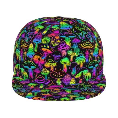 Skull Snapback Hat for Men Women, Stylish Flat Bill Hat Baseball Caps Adjustable Flat Brim Hip Hop Trucker Hats Sun Cap - color: Bright Magic Mushrooms 8