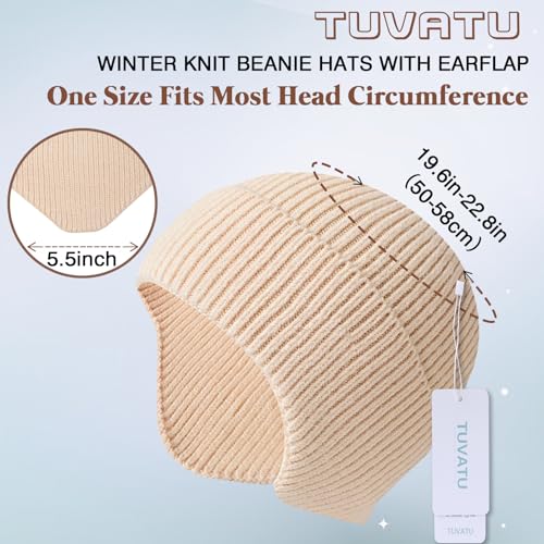 Women's Earflap Beanie, Cap with Ear Flaps, Knit Winter Hat for Men - color: Beige