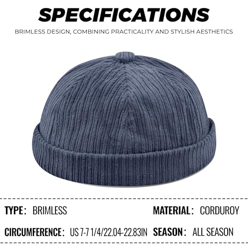 CLAPE Brimless Beanie Hat Corduroy Watch Cap Rolled Cuff Docker Cap Leon Skull Harbour Hat Unisex - color: Gd168-blue