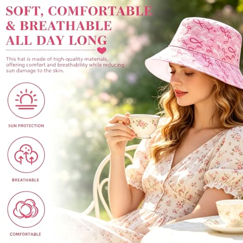 Summer Reversible Bucket Hat - Packable Cute Pineapple Sun Hat for Beach, Golf, Fishing, Travel, Outdoor for Women Men - color: Breast Cancer