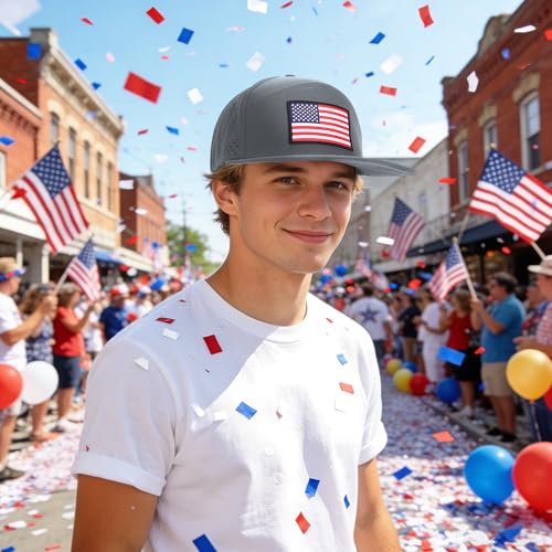 American Flag Baseball Cap, Flat Bill Brim Hat for Men Women, Patriotic Mesh Snapback Hats - color: Dark Grey