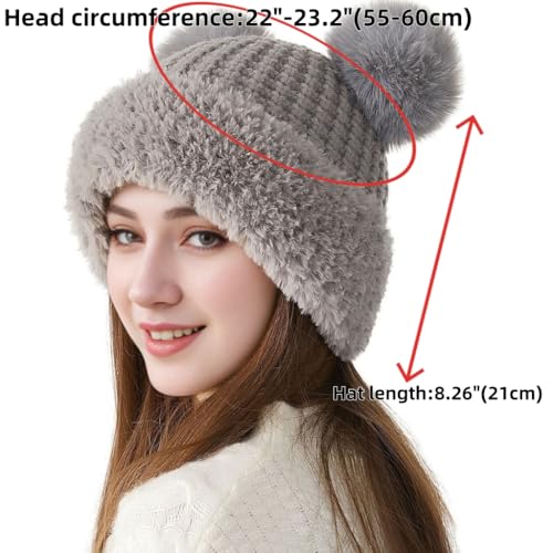 Womens Winter Knitted Beanie Hat with Double Faux Fur Pompom Fuzzy Warm Knit Ski Skull Cap for Women - color: Grey