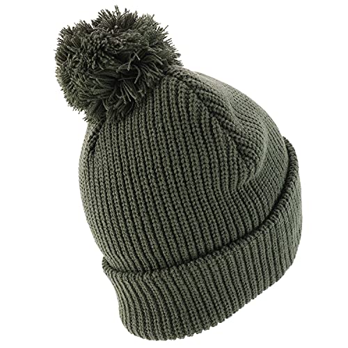 Trendy Apparel Shop XXL Oversized Solid Pom Pom Winter Ribbed Cuffed Beanie - color: Olive