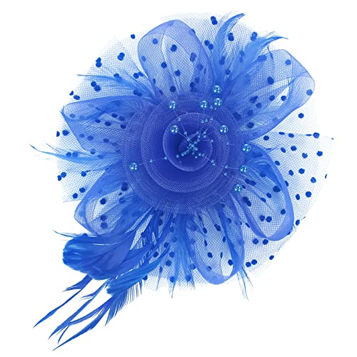 Century Star 2026 Kentucky Hat Derby Fascinator for Women Tea Party Flower Mesh Ribbons Feathers Headband Hair Clips - color: Blue