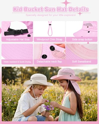 Century Star Kids Sun Hat with Ponytail Hole & Detachable Neck Flap UPF50+ Quick Dry Girls Bucket Hat for Outdoor Beach - color: Light Purple