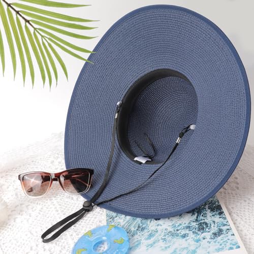 DRESHOW Beach Hats for Women Big Straw Wide Brim Summer Hat Floppy Foldable Roll up Cap Sun Hat UPF 50+ - color: 1 Pack Bowknot Hat: Navy Blue, 4.7" Brim