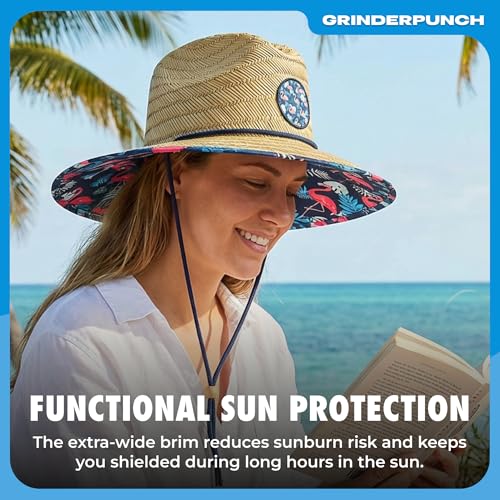 grinderPUNCH Straw Sun Hat for Men Women Wide Brim Beach Fishing UPF 50 - color: Flamingo Palm